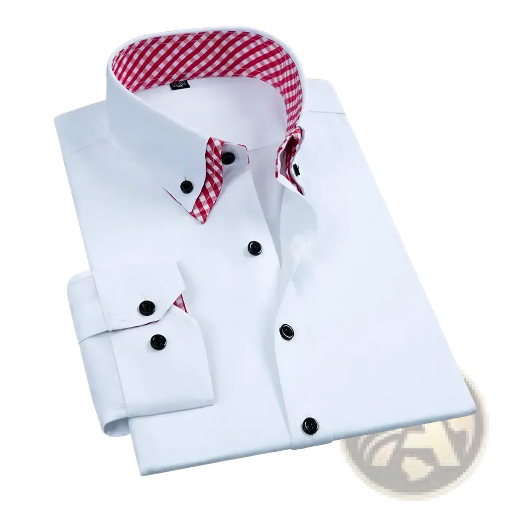 Men long sleeve white button-down dress shirt with red and white gingham contrast collar and cuffs with black buttons