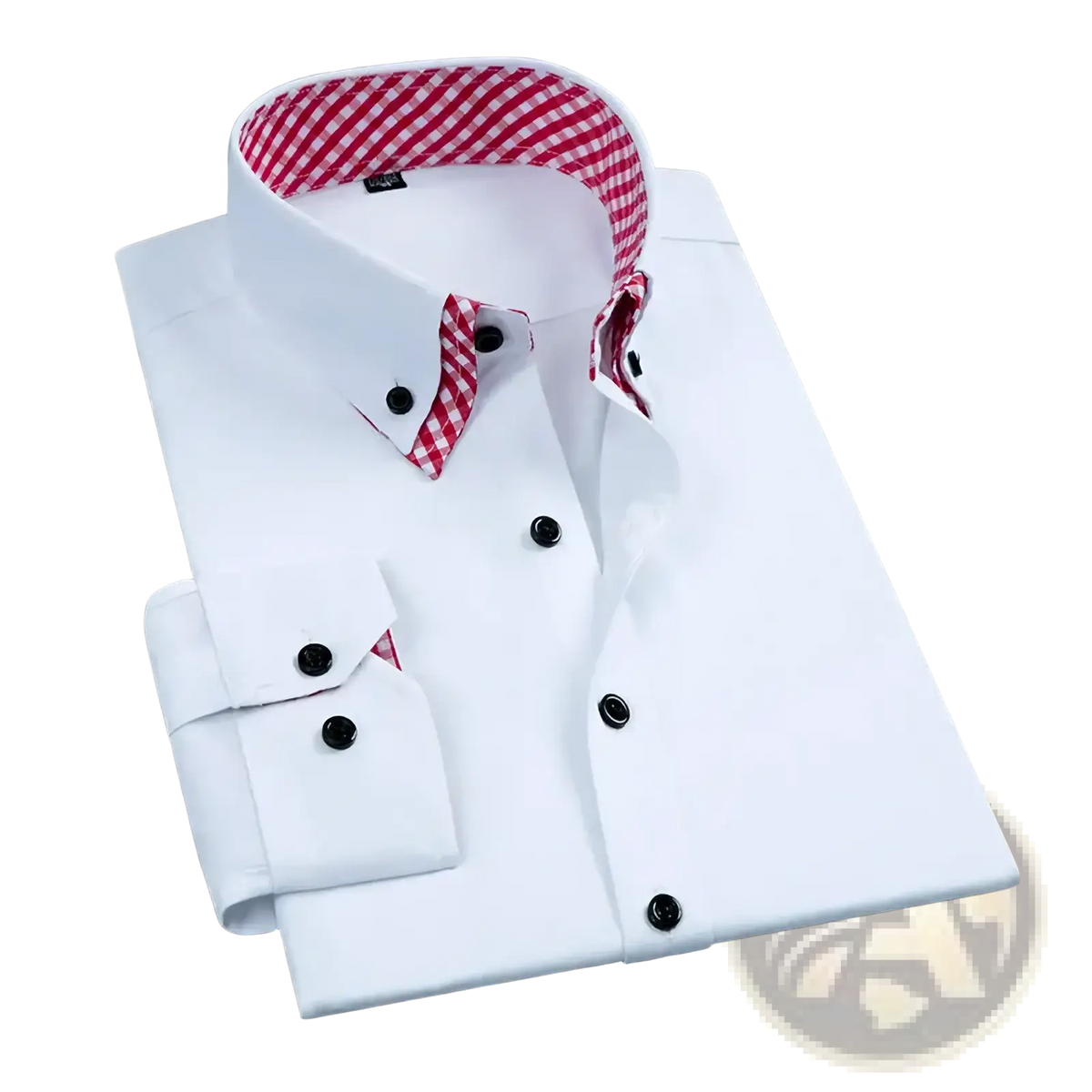 Men long sleeve white button-down dress shirt with red and white gingham contrast collar and cuffs with black buttons