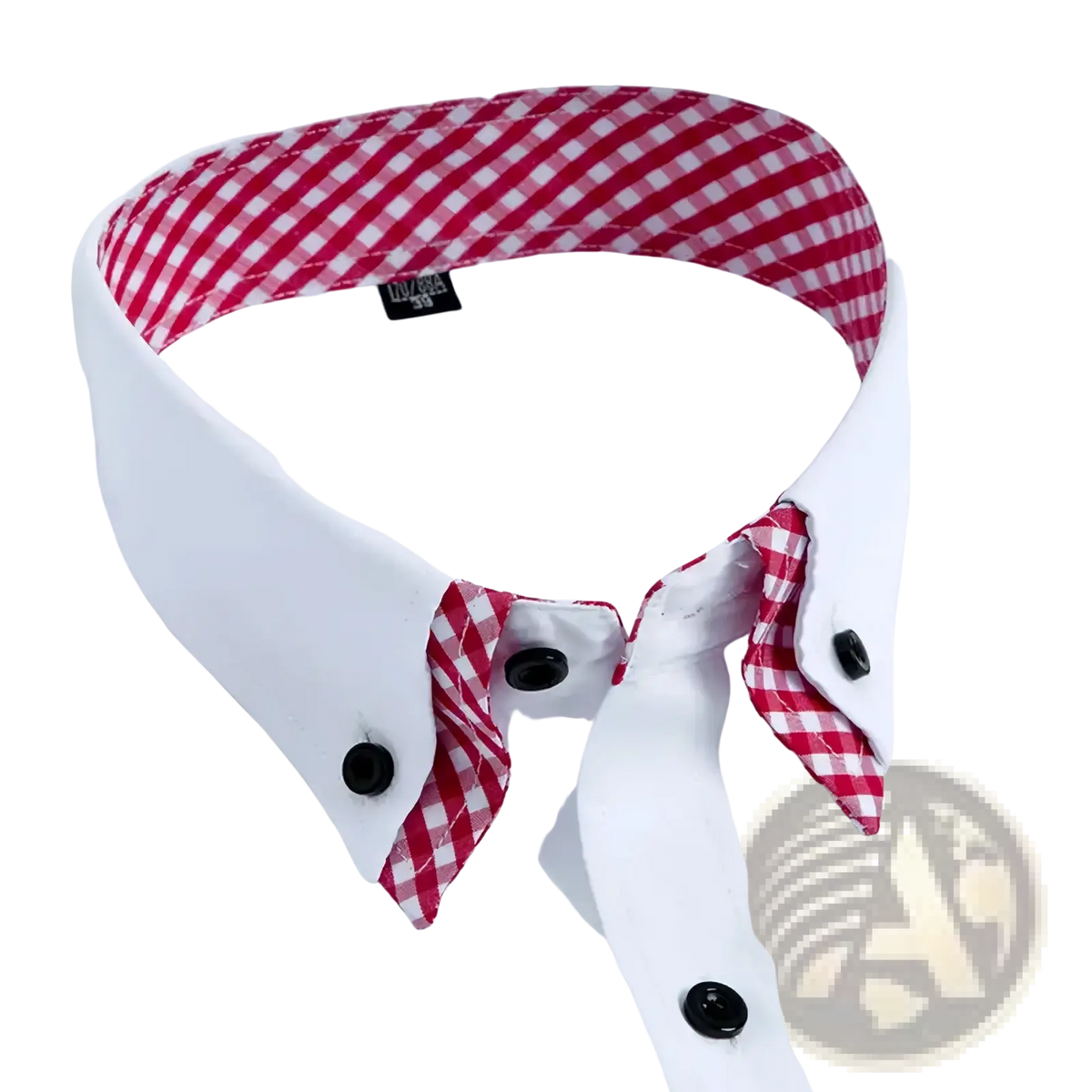 Men long sleeve white button-down dress shirt with red and white gingham contrast collar lining
