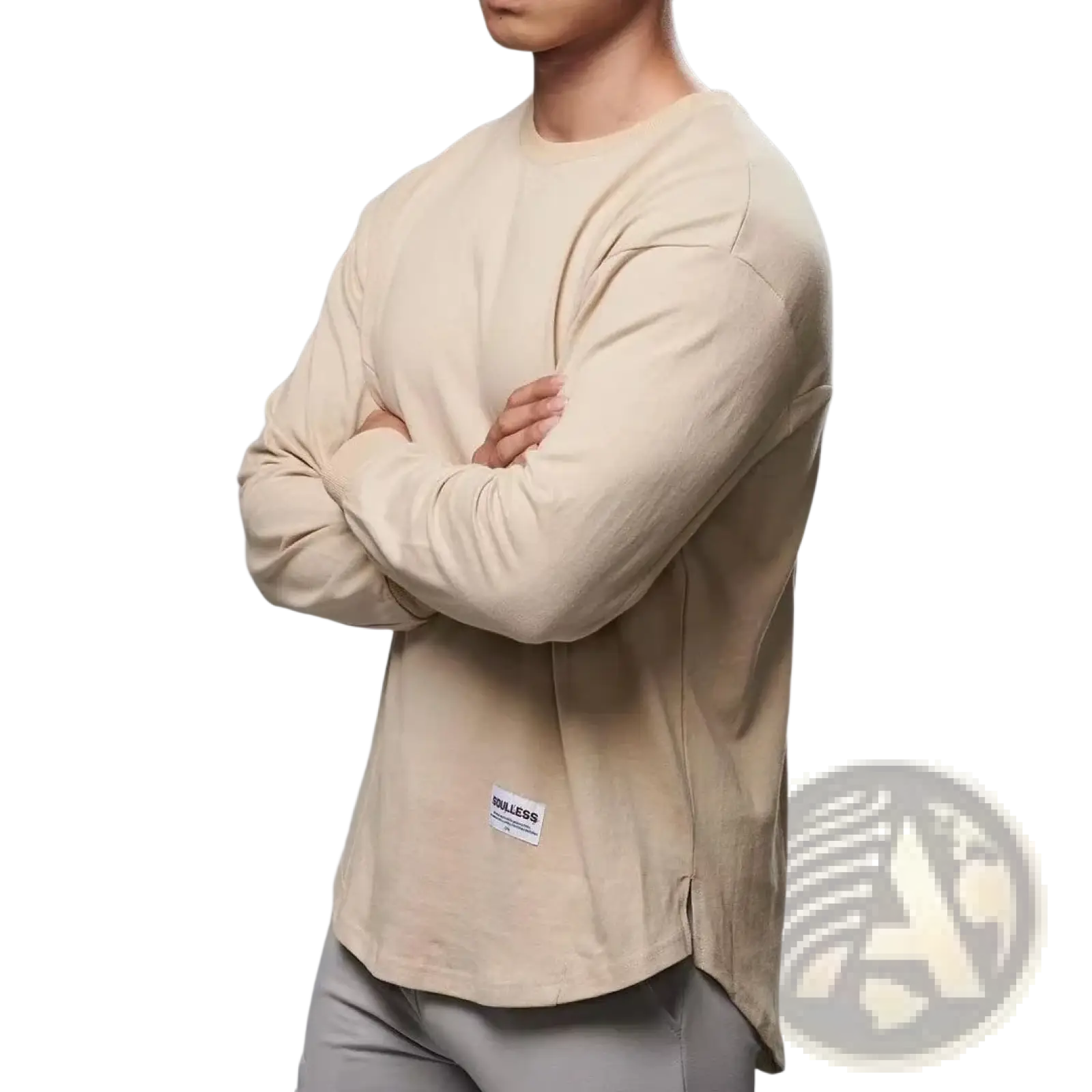 Men long sleeve cotton t shirt beige crewneck sweatshirt with relaxed fit and small white label at bottom hem