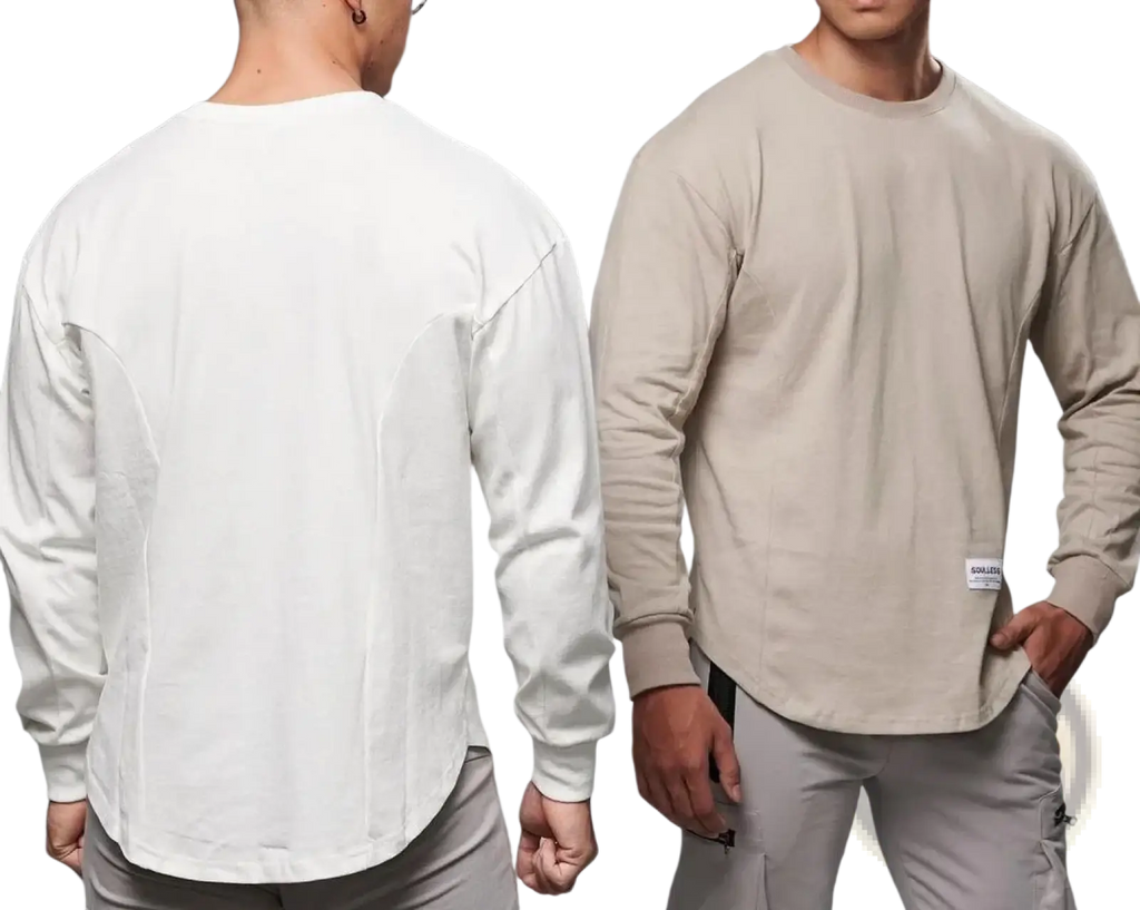 Men long sleeve cotton t shirt in beige and white with relaxed fit ribbed cuffs and curved hem