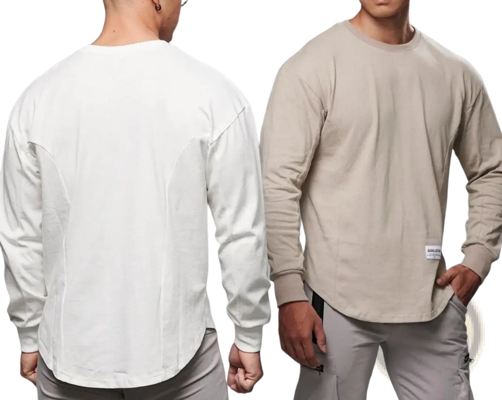 Men long sleeve cotton t shirt in beige and white with relaxed fit ribbed cuffs and curved hem