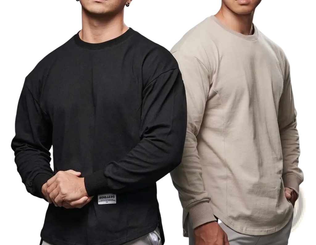 Men long sleeve cotton t shirt curved hem in black and beige with relaxed fit and small brand tag on left chest