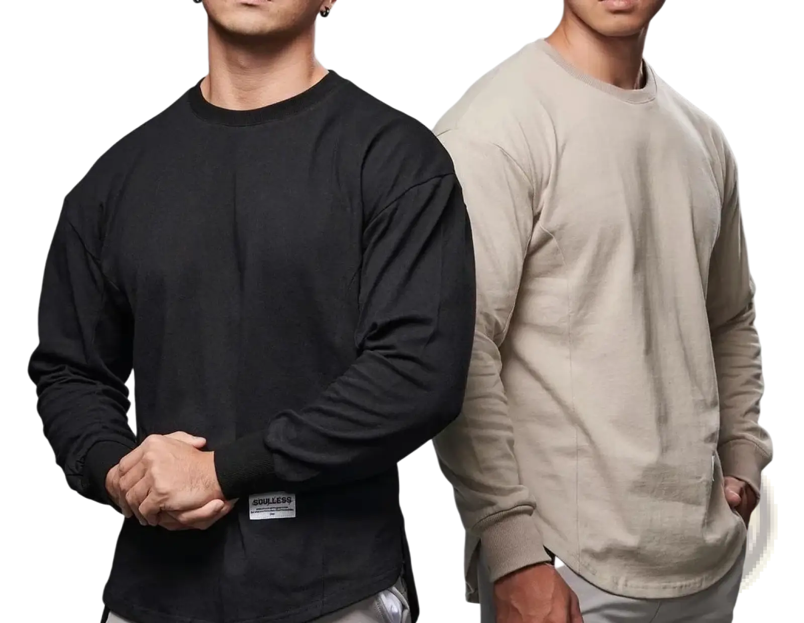 Men long sleeve cotton t shirt curved hem in black and beige with relaxed fit and small brand tag on left chest