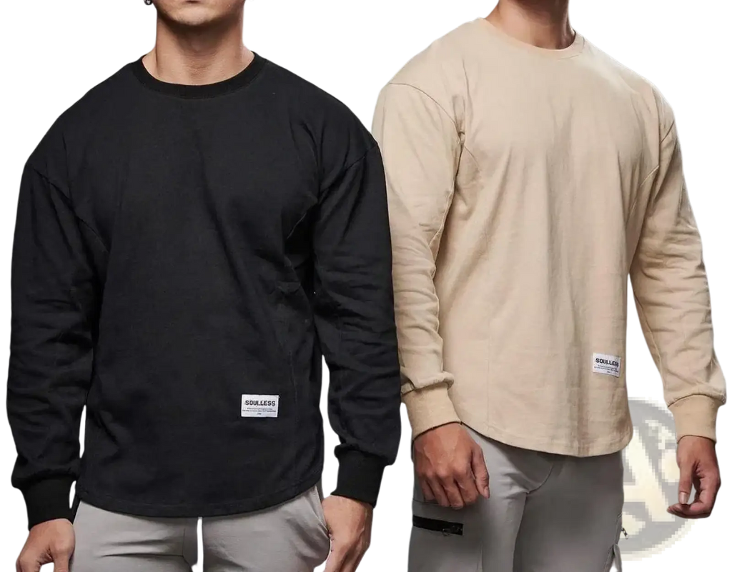 Men long sleeve cotton t shirt curved hem in black and beige with subtle brand labels at the hem