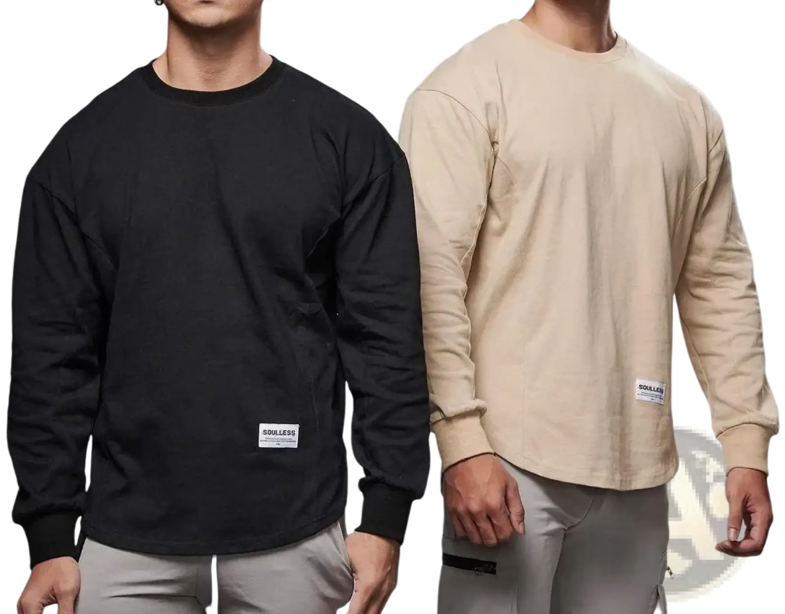 Men long sleeve cotton t shirt curved hem in black and beige with subtle brand labels at the hem