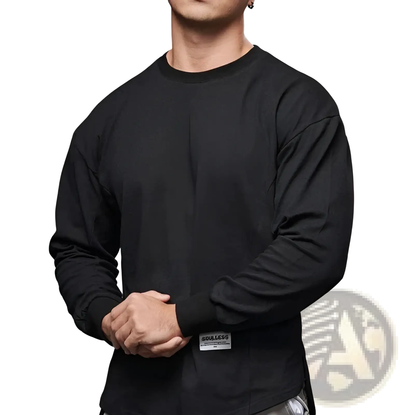 Men long sleeve black cotton t shirt with crewneck curved hem and small rectangular brand tag on lower left side