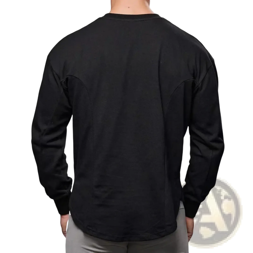 Black long sleeve cotton t shirt for men with crew neck and subtle shoulder seam detailing visible from the front