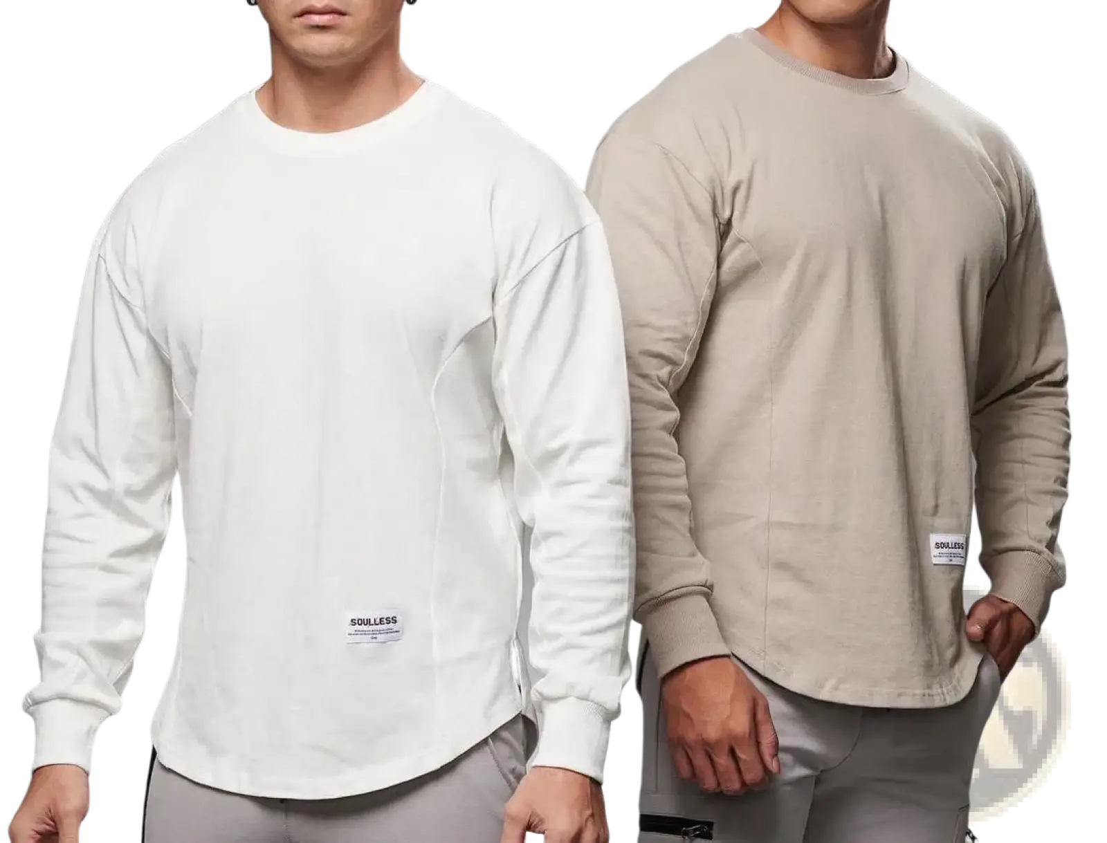 Men long sleeve cotton t shirt in white and beige with crewneck curved hem and subtle side seam branded patch labels