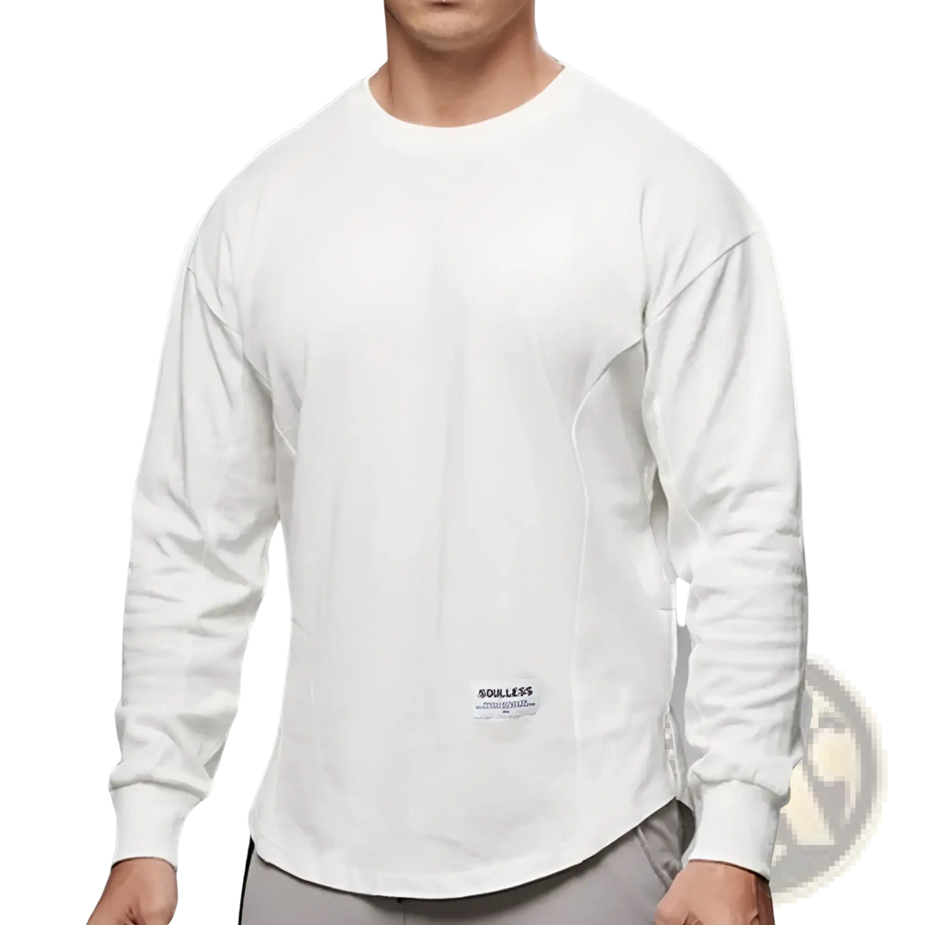 White long sleeve cotton t shirt with curved hem, subtle seam detailing, and small soulless brand label at the front