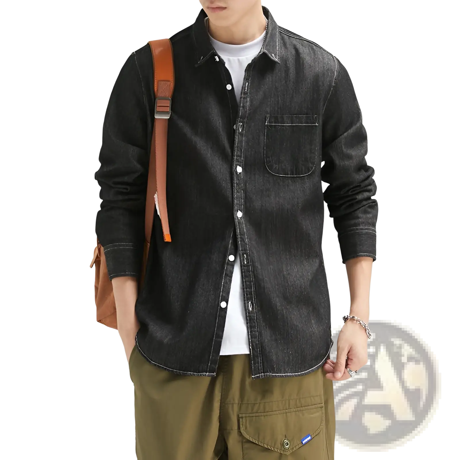 Men long sleeve dark-wash denim shirt with a classic collar and chest pocket for casual button-up wear