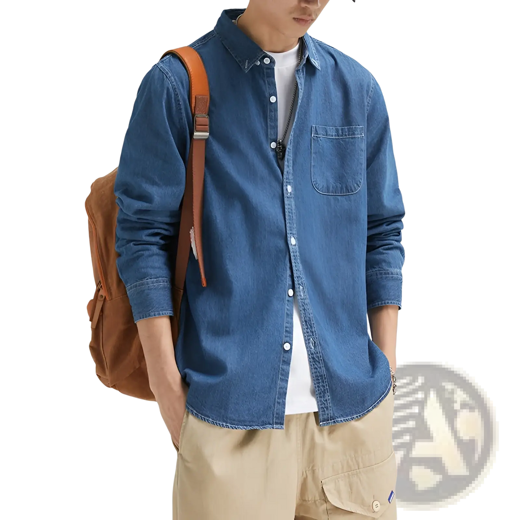 Men long sleeve denim shirt in blue with white buttons and chest pocket for casual button up wear