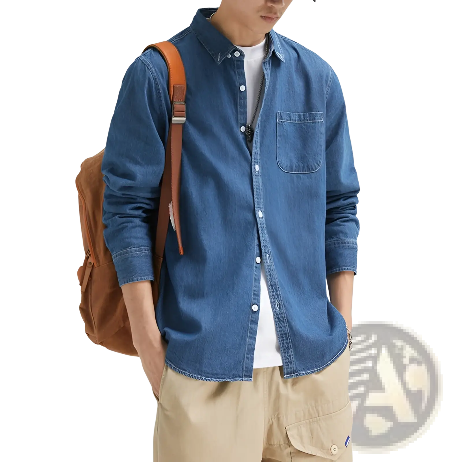 Men long sleeve denim shirt in blue with white buttons and chest pocket for casual button up wear