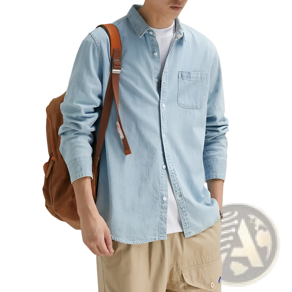 Men long sleeve casual button up light blue denim shirt with classic collar and chest pocket
