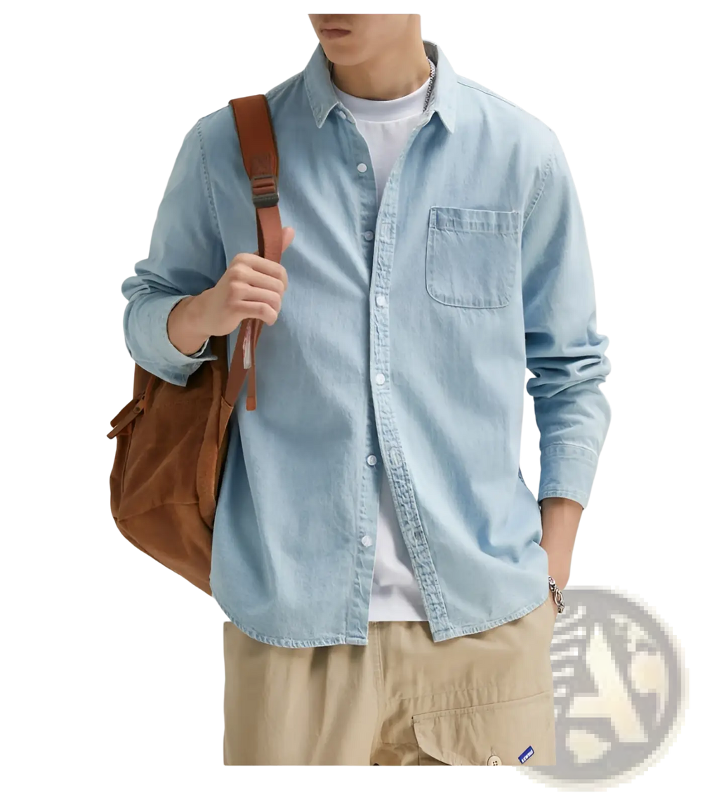 Light blue denim men long sleeve shirt with chest pocket and classic collar casual button up design