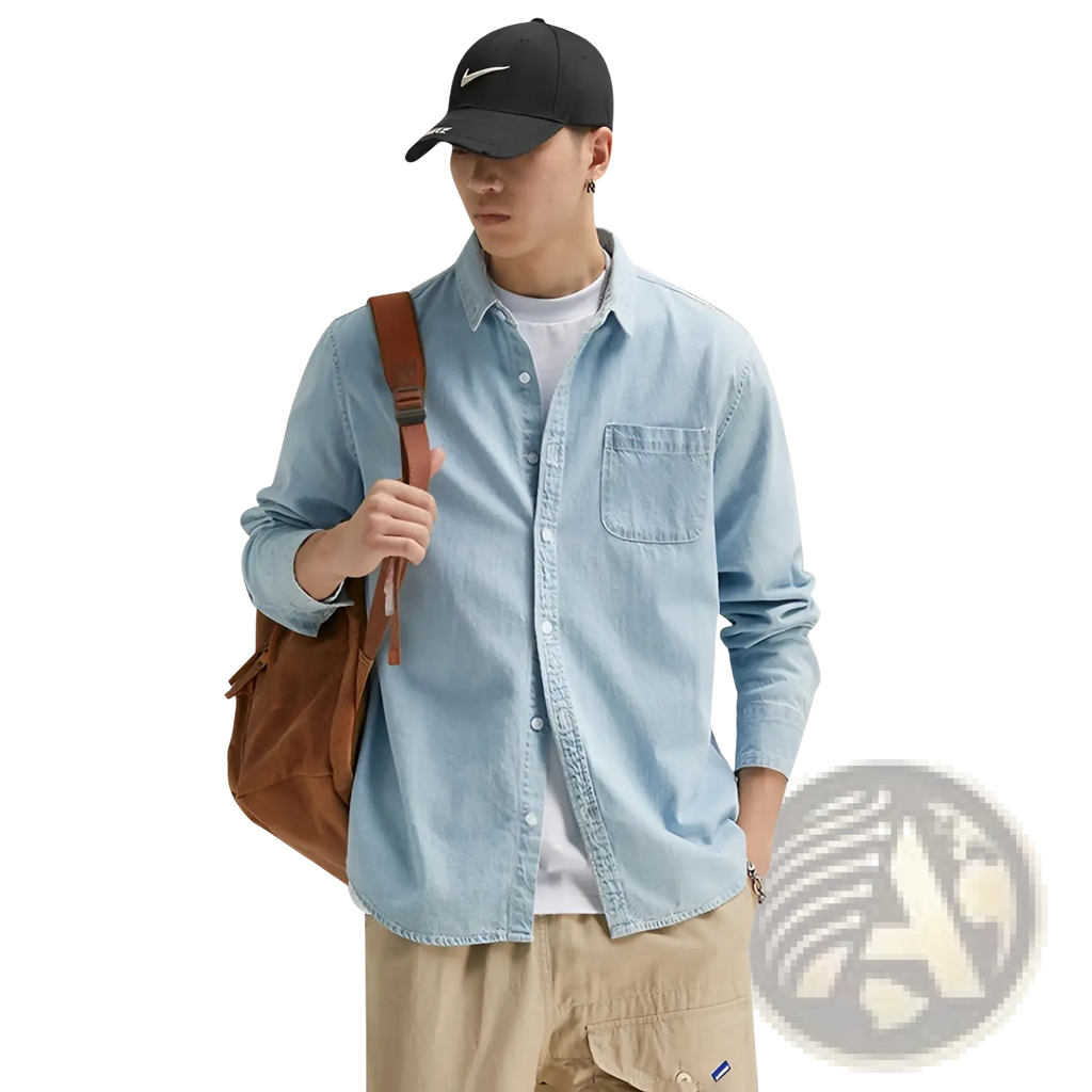 Light blue denim long sleeve shirt with chest pocket and rolled sleeves for casual button up wear
