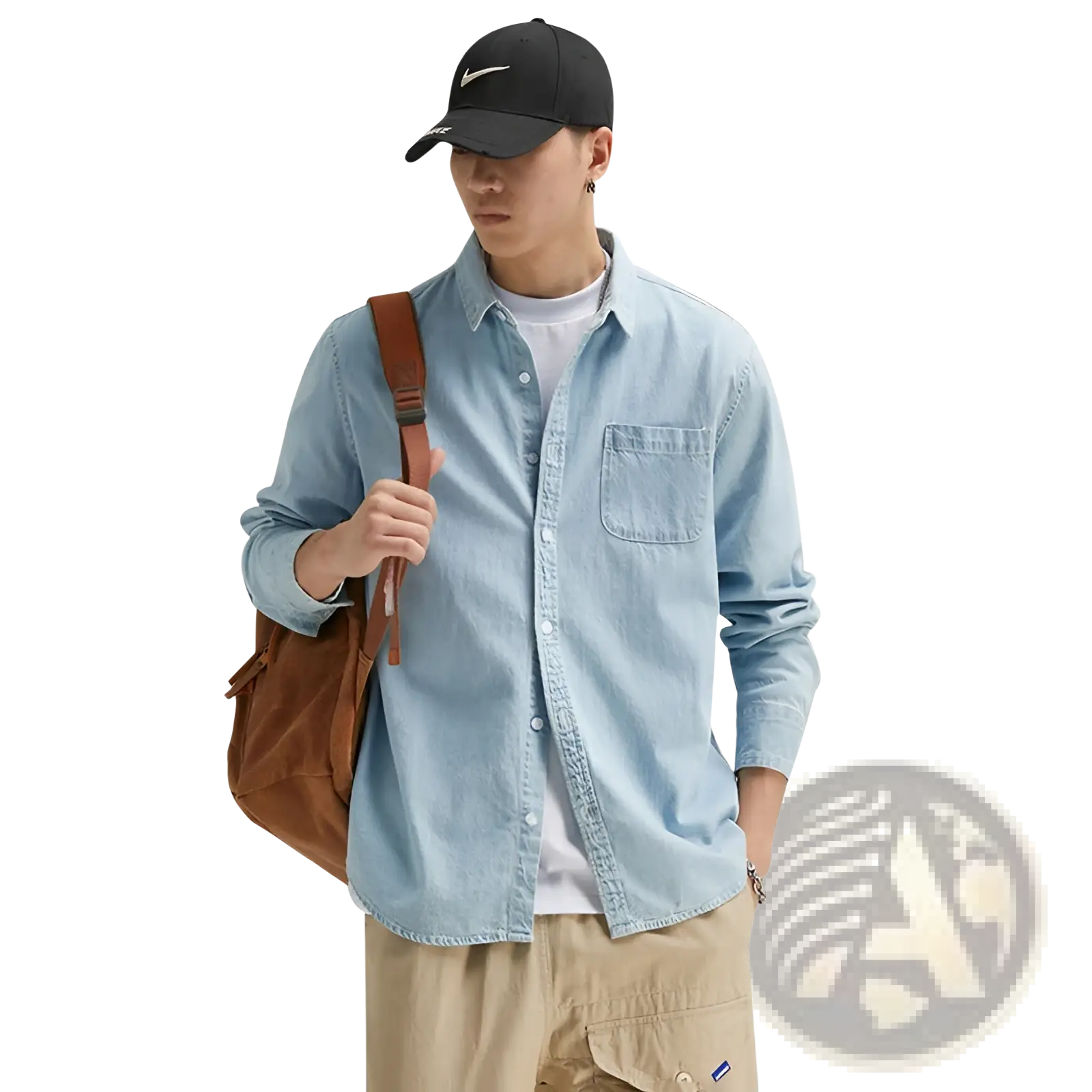 Light blue denim long sleeve shirt with chest pocket and rolled sleeves for casual button up wear