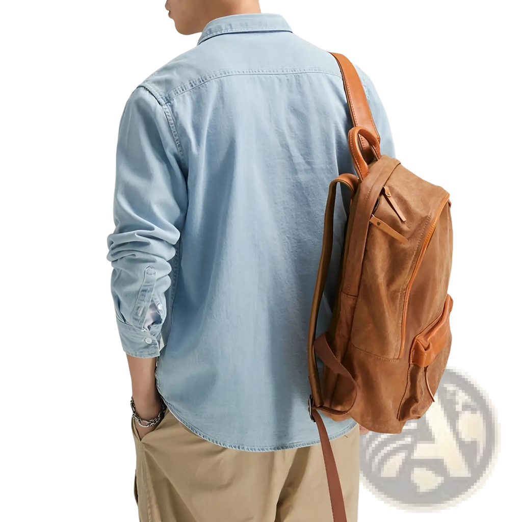 Tan leather backpack with visible stitching and multiple pockets paired with men long sleeve denim shirt casual button up