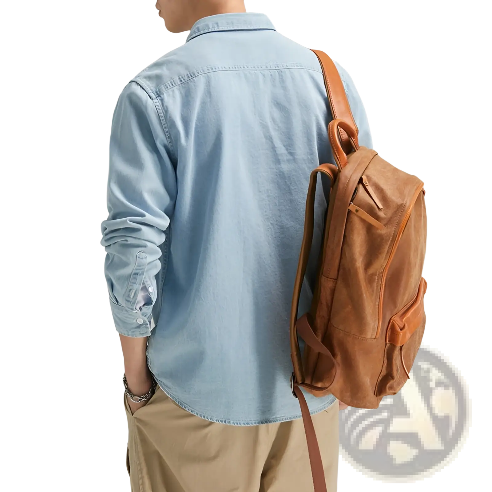 Tan leather backpack with visible stitching and multiple pockets paired with men long sleeve denim shirt casual button up