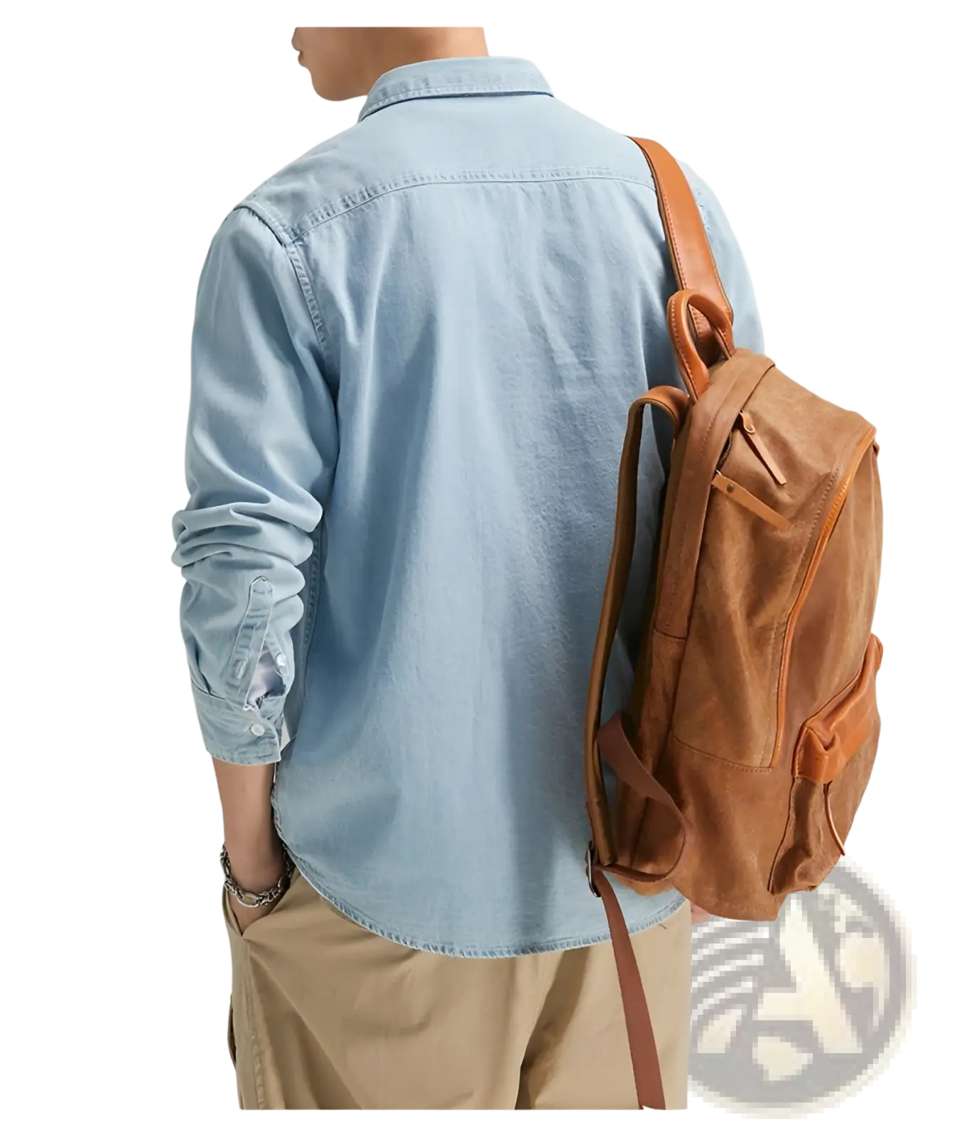 Tan leather backpack with brown straps and visible stitching details paired with men long sleeve denim shirt casual button up