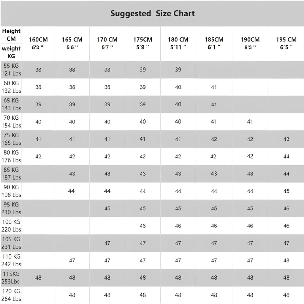 Suggested size chart table with height and weight in metric and imperial units for men long sleeve white anti wrinkle dress shirt