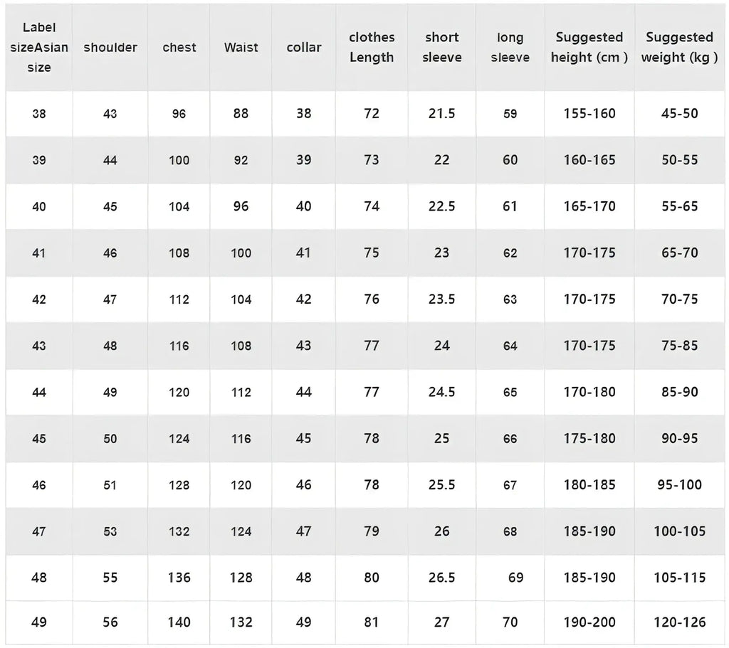 Asian size clothing chart showing measurements for men long sleeve white anti wrinkle formal dress shirt sizes