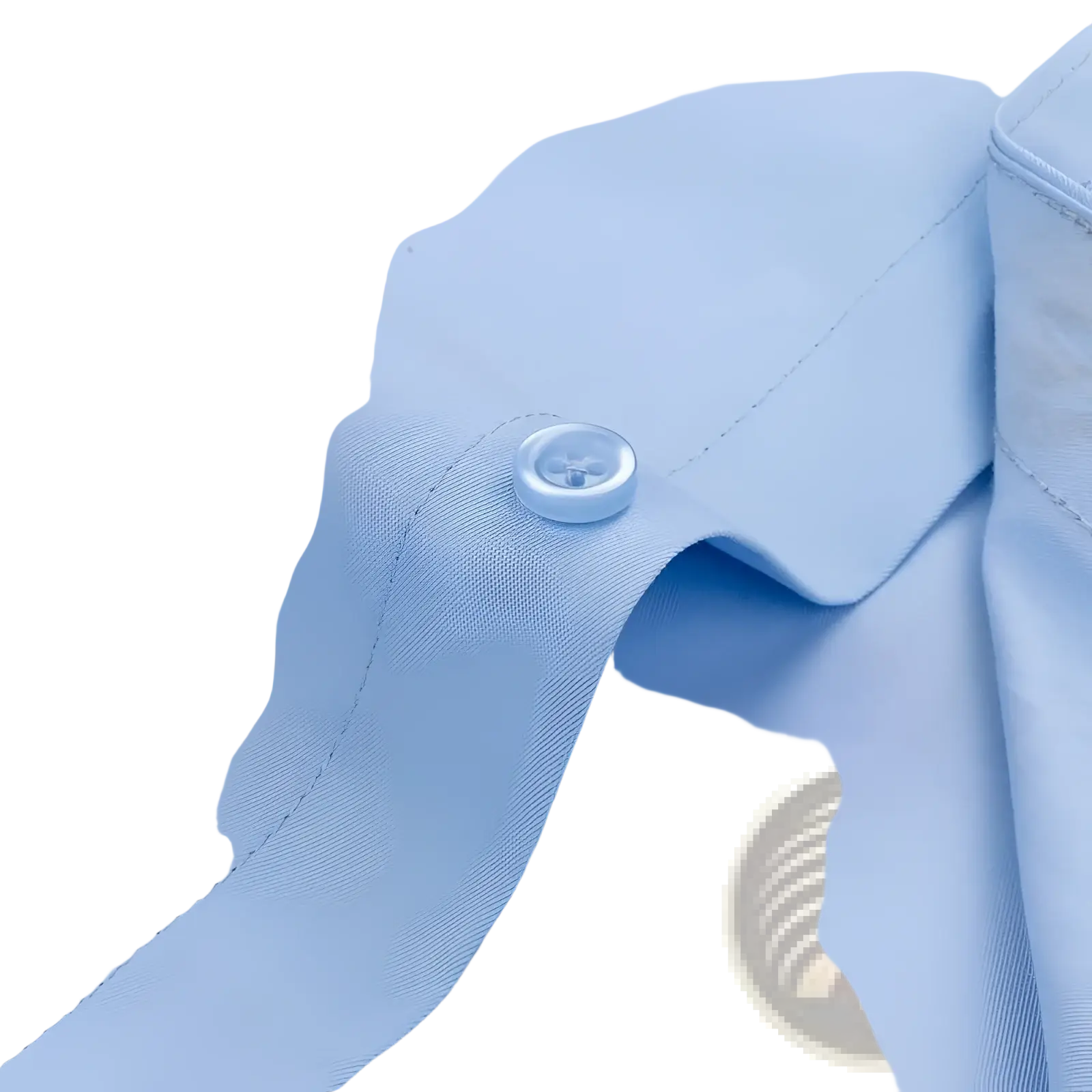 A clear round button with metallic sheen on a light blue men long sleeve dress shirt collar for formal office wear