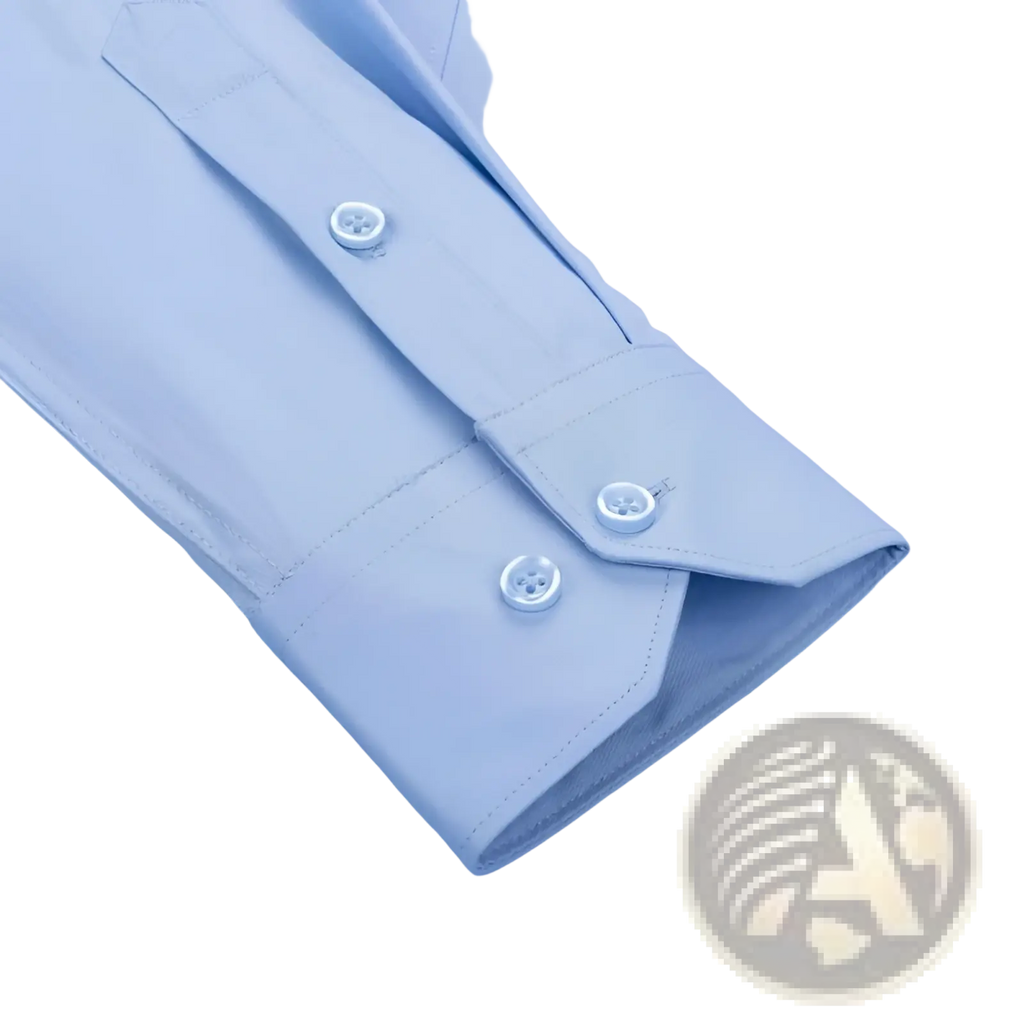 Men long sleeve formal office dress shirt in light blue cotton with anti wrinkle fabric and crisp folded cuffs