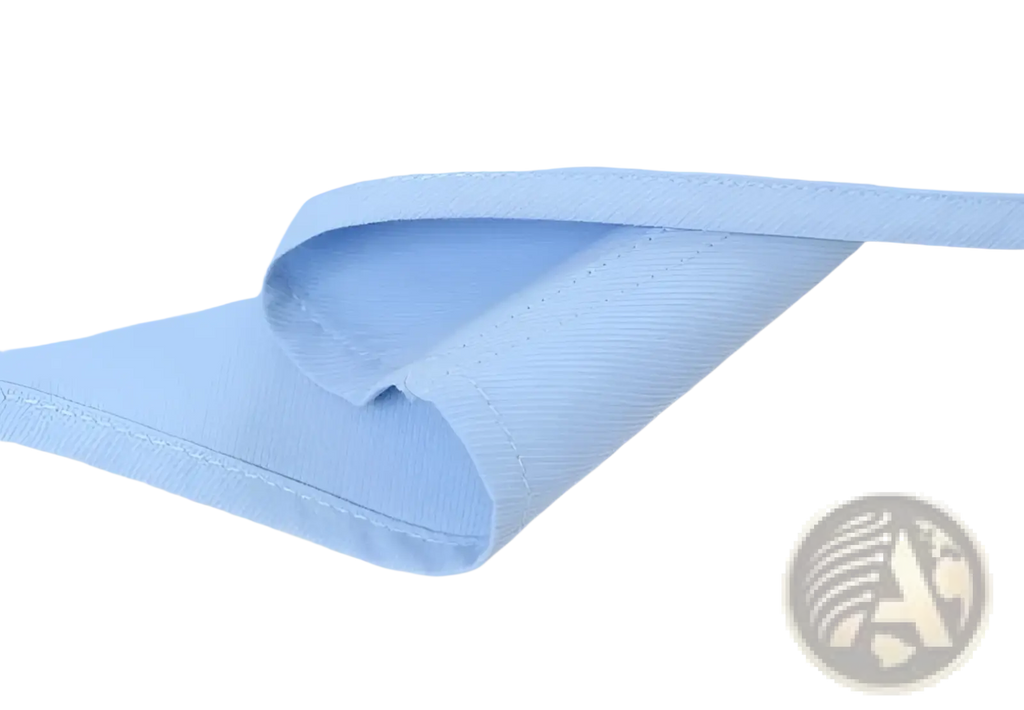 Light blue long sleeve dress shirt with anti wrinkle fabric and matching stitching along the folded edge