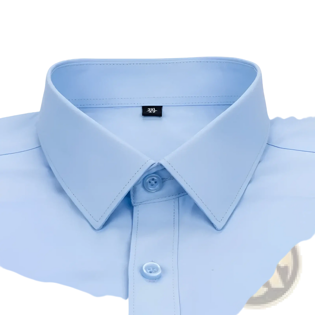 Men long sleeve formal dress shirt in light blue crisp cotton with classic collar and matching buttons, anti wrinkle design