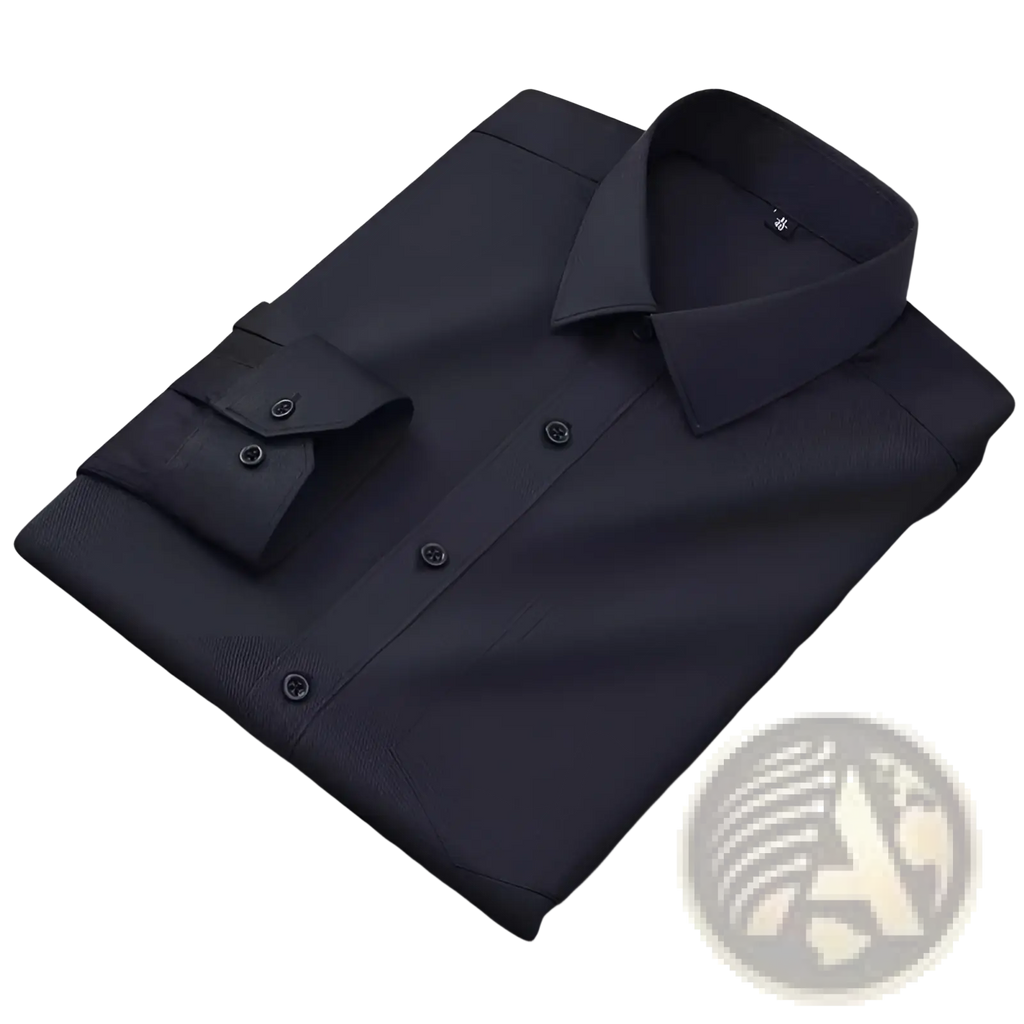 A sleek black men long sleeve dress shirt with subtle textured weave and matching buttons folded on a dark gray surface