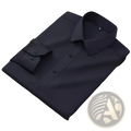 A sleek black men long sleeve dress shirt with subtle textured weave and matching buttons folded on a dark gray surface