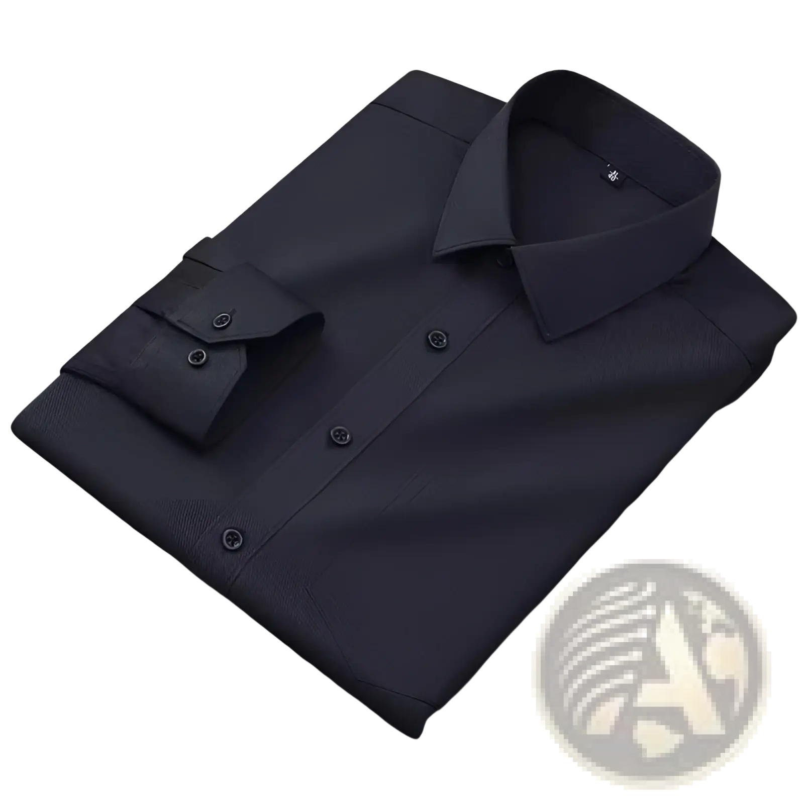A sleek black men long sleeve dress shirt with subtle textured weave and matching buttons folded on a dark gray surface
