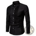 Men long sleeve black formal shirt with tailored fit and subtle pleated detailing for tuxedo party apparel