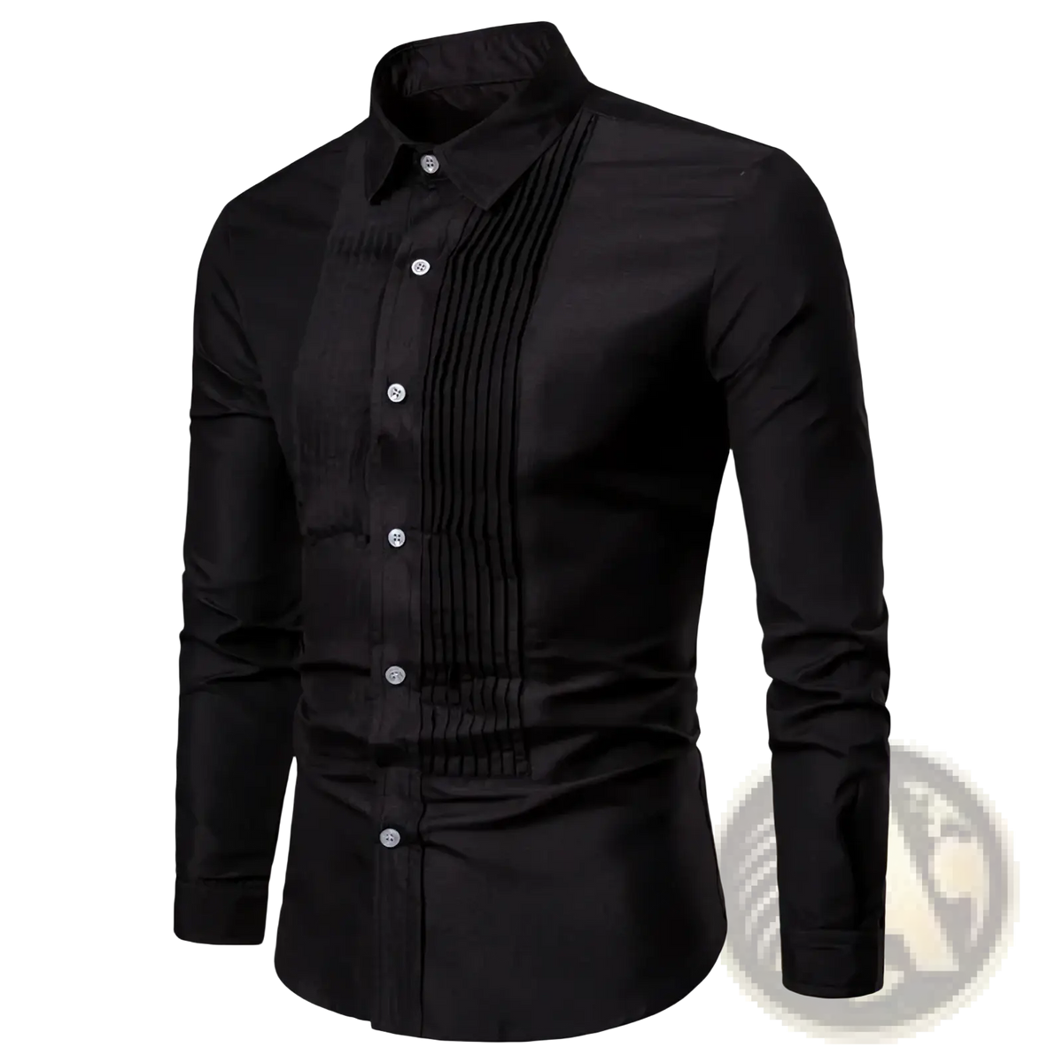 Men long sleeve black formal shirt with tailored fit and subtle pleated detailing for tuxedo party apparel