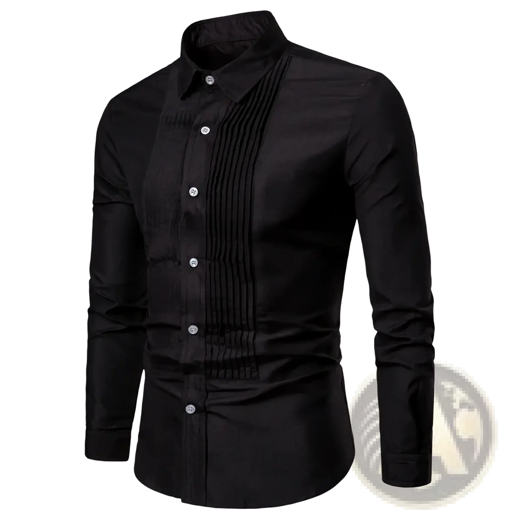 Men long sleeve black tuxedo dress shirt with tailored fit and subtle pleated front for formal party apparel