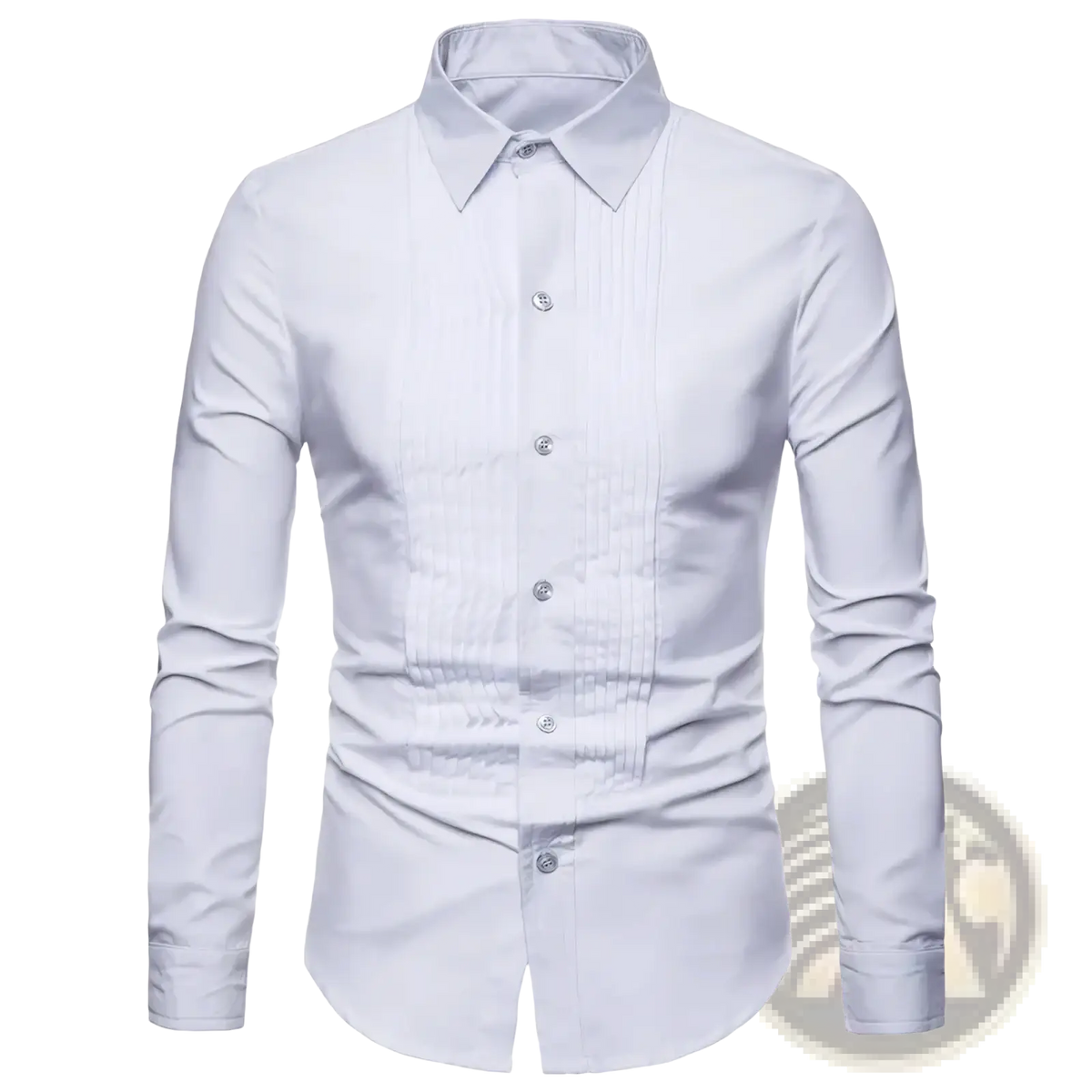 A crisp white men long sleeve dress shirt tuxedo party apparel with classic collar and subtle vertical pleats