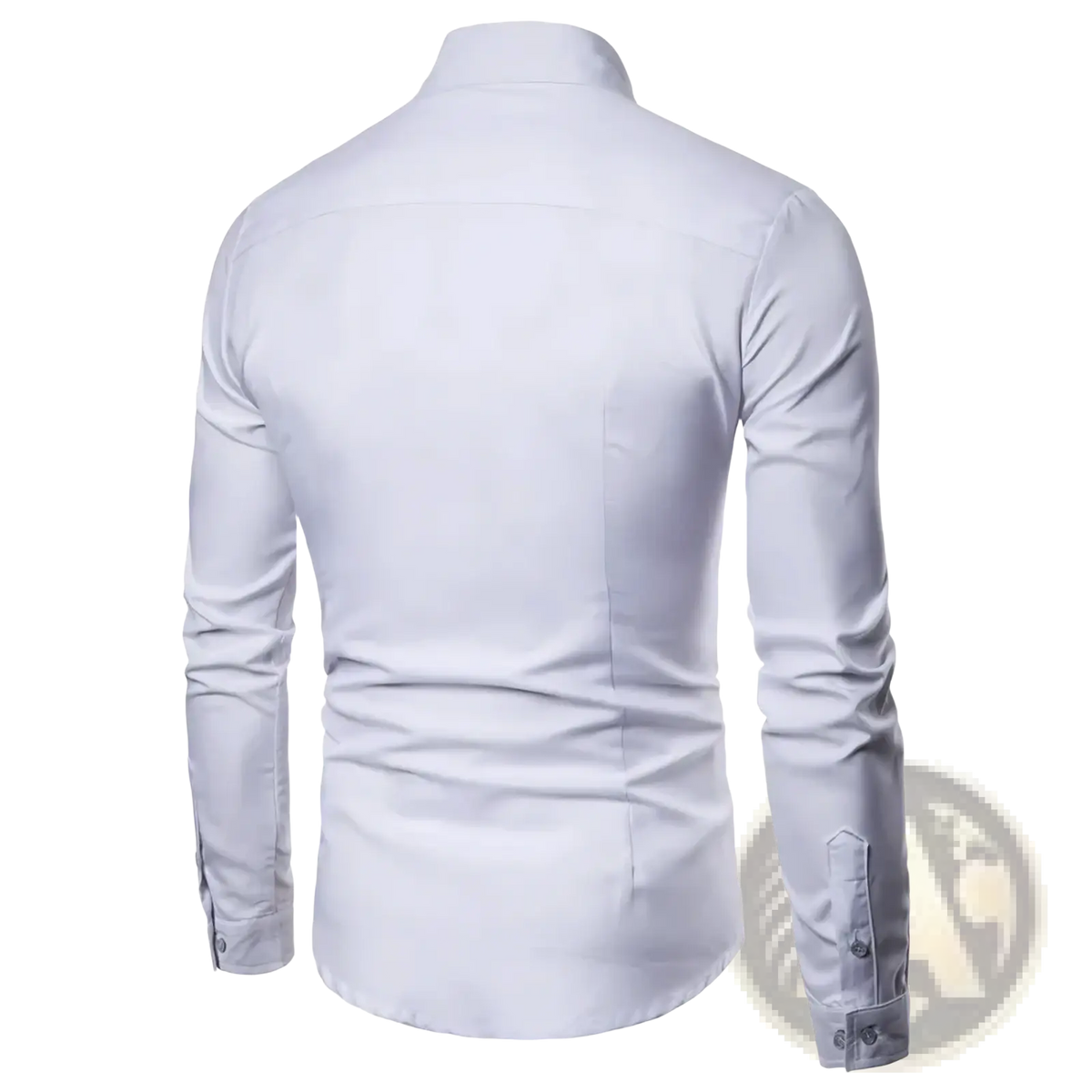 A crisp white men long sleeve dress shirt with classic collar and buttoned cuffs for tuxedo party apparel