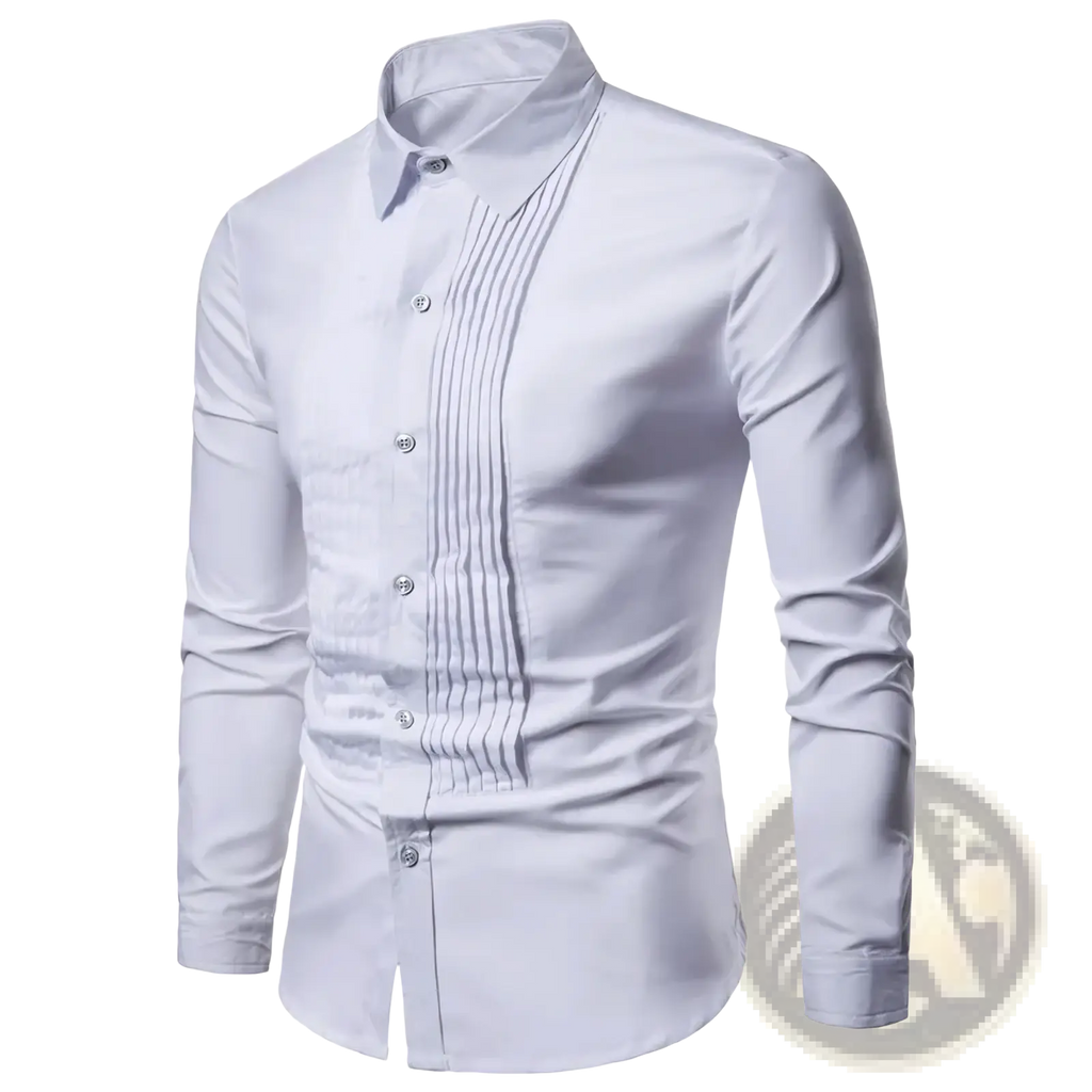 A crisp white men long sleeve dress shirt with tailored fit, vertical pleats, and silver-toned buttons for tuxedo parties