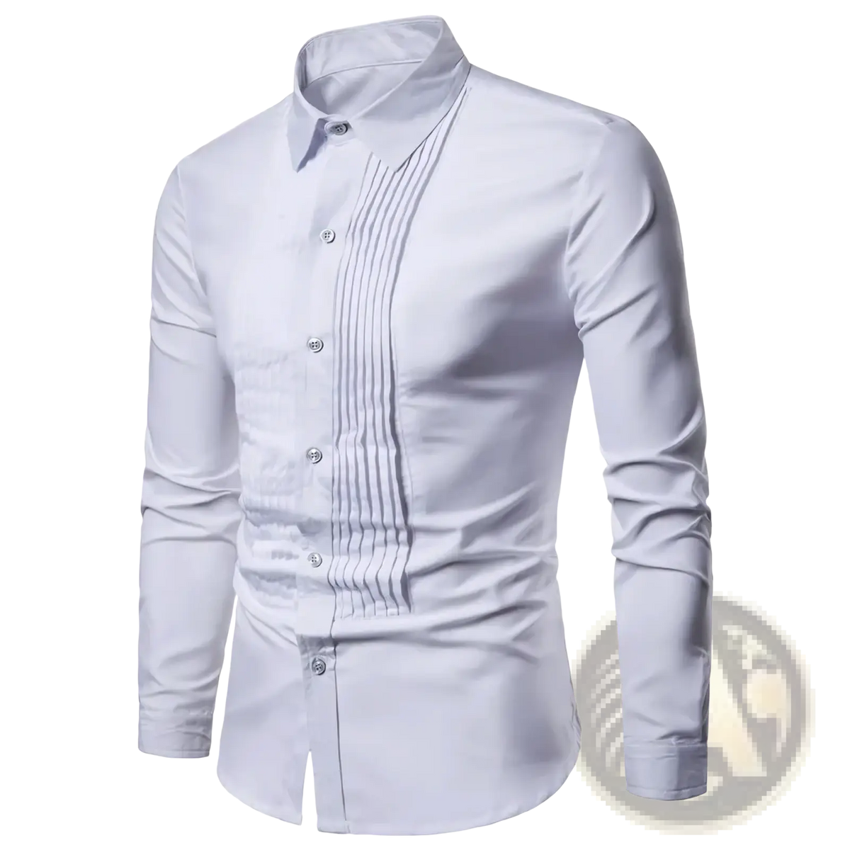 A crisp white men long sleeve dress shirt with tailored fit, vertical pleats, and silver-toned buttons for tuxedo parties
