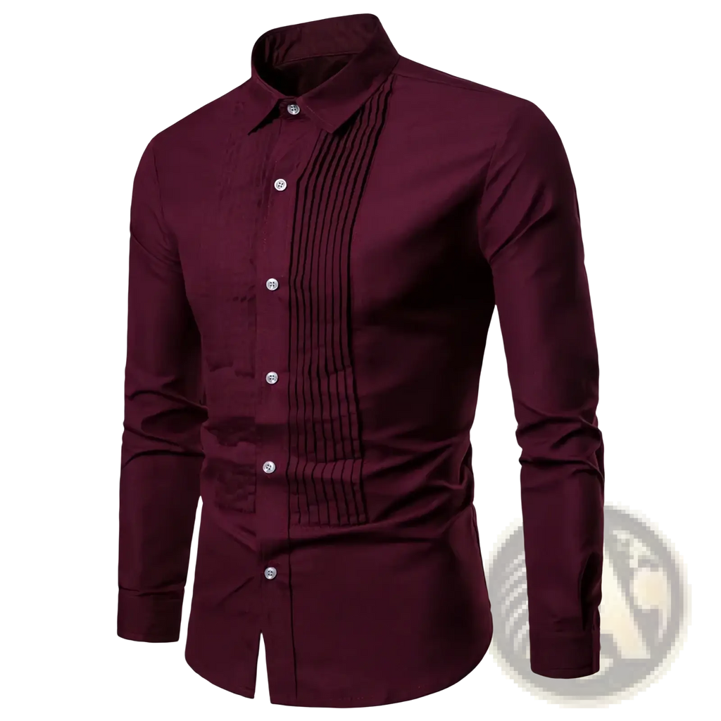 Men long sleeve dress shirt tuxedo party apparel in maroon with pointed collar silver buttons and vertical front pleats