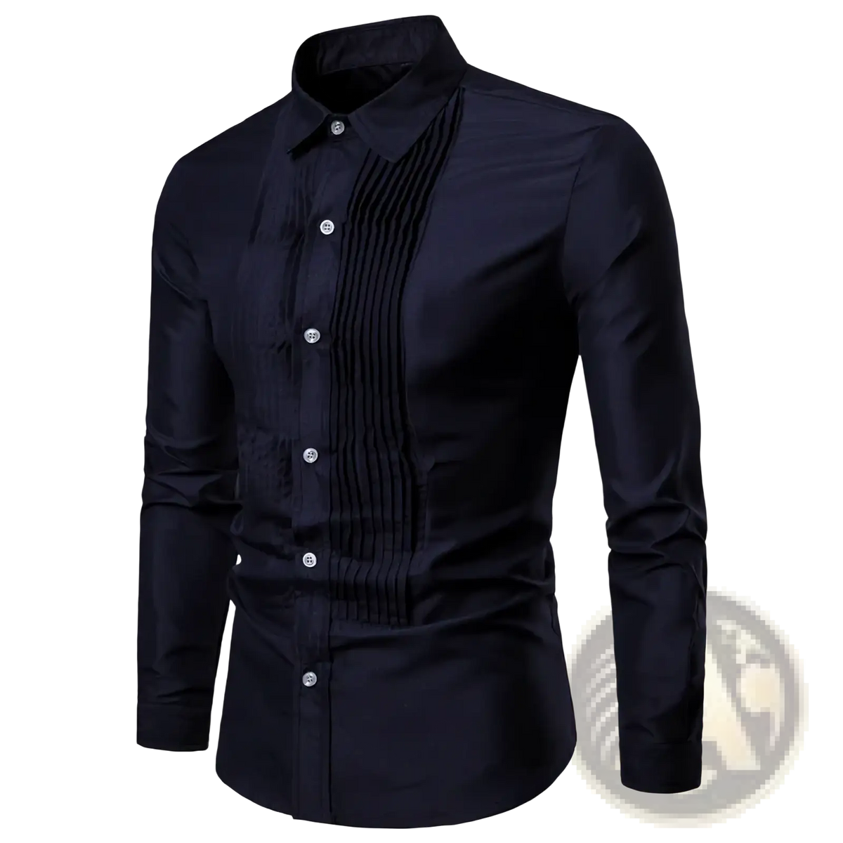 Men long sleeve black dress shirt with crisp collar silver buttons and vertical pleating for tuxedo party apparel
