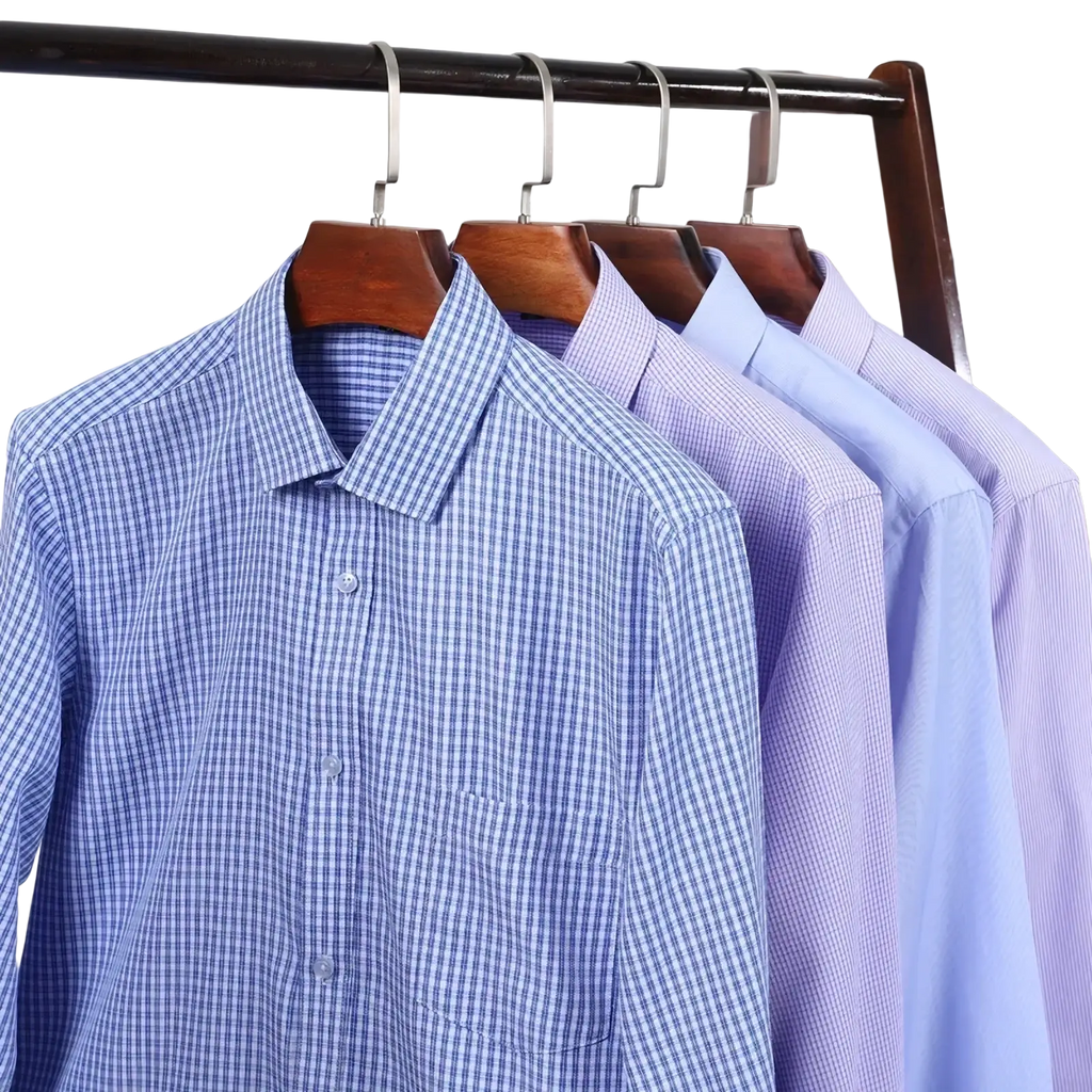 Men long sleeve formal business dress shirt in blue and white checkered pattern hanging on wooden hanger