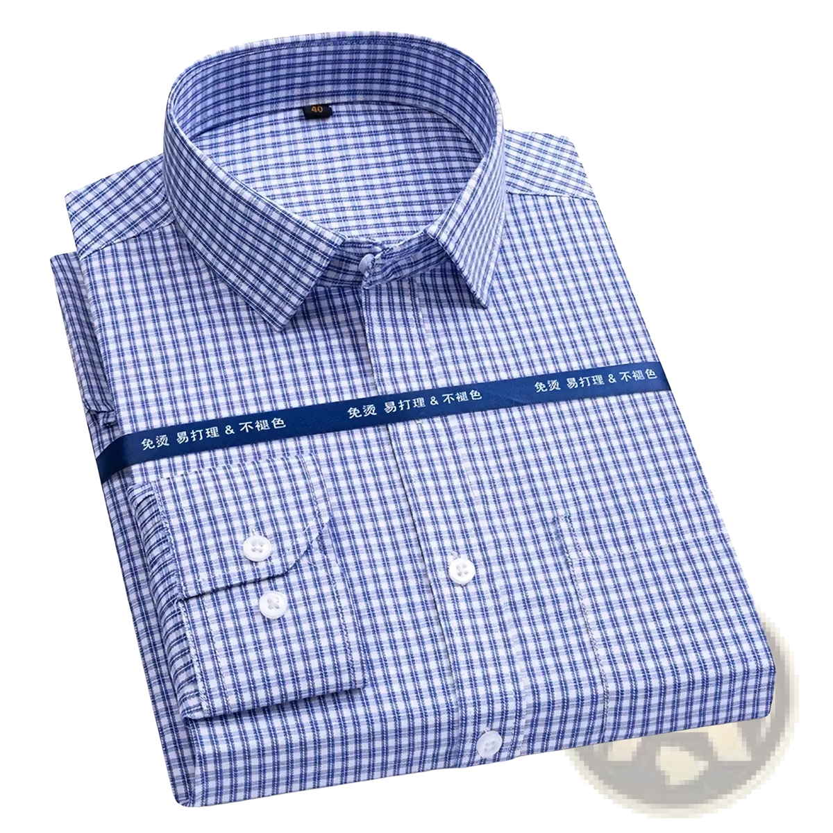 Men long sleeve formal business dress shirt in blue and white checkered pattern with classic collar and buttoned cuffs