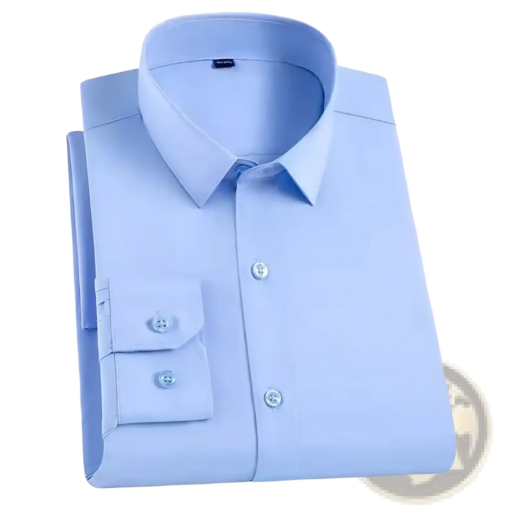 A neatly folded light blue men long sleeve formal business dress shirt with classic collar and buttoned cuffs