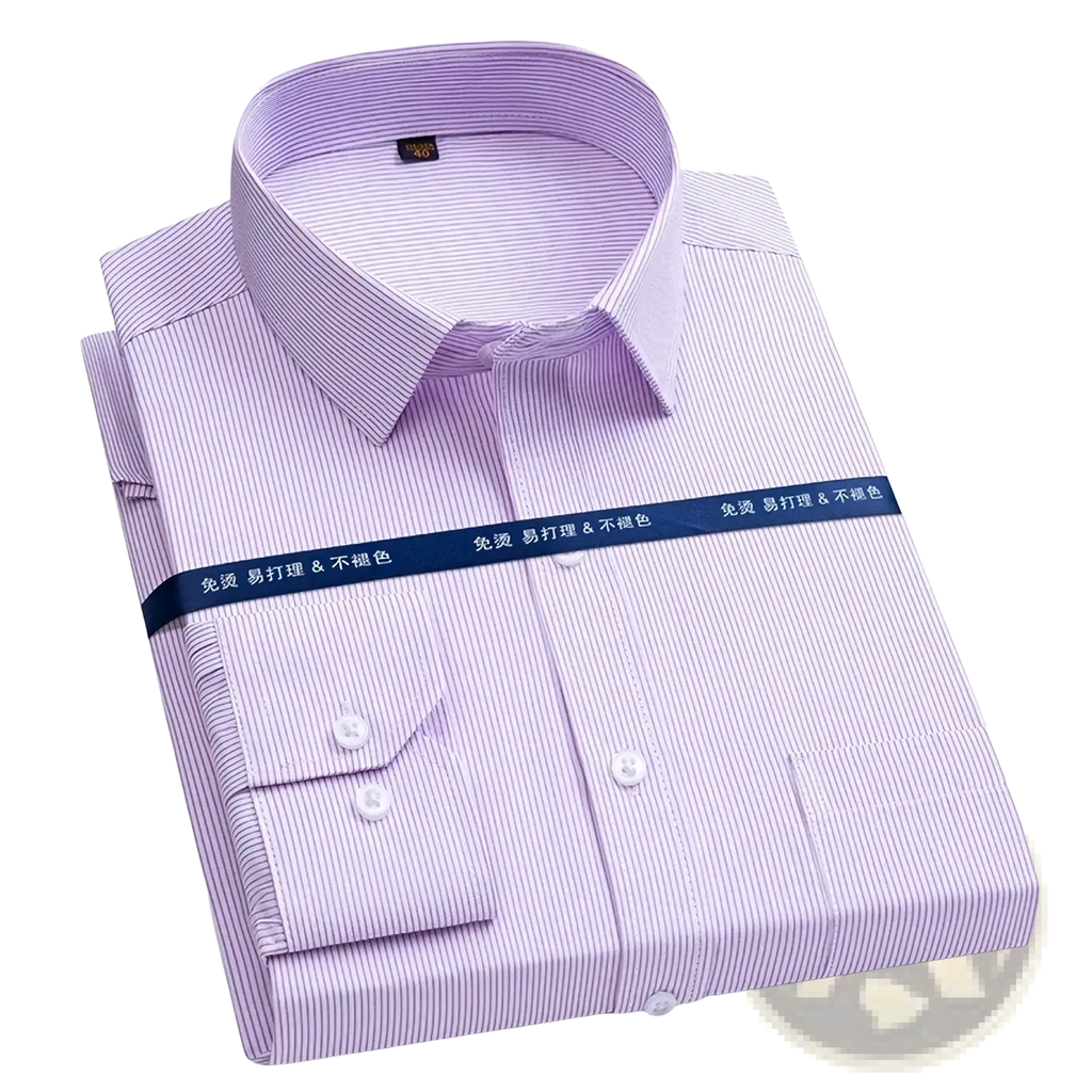 Men long sleeve formal business dress shirt in lavender and white vertical stripes with classic collar and buttoned cuffs