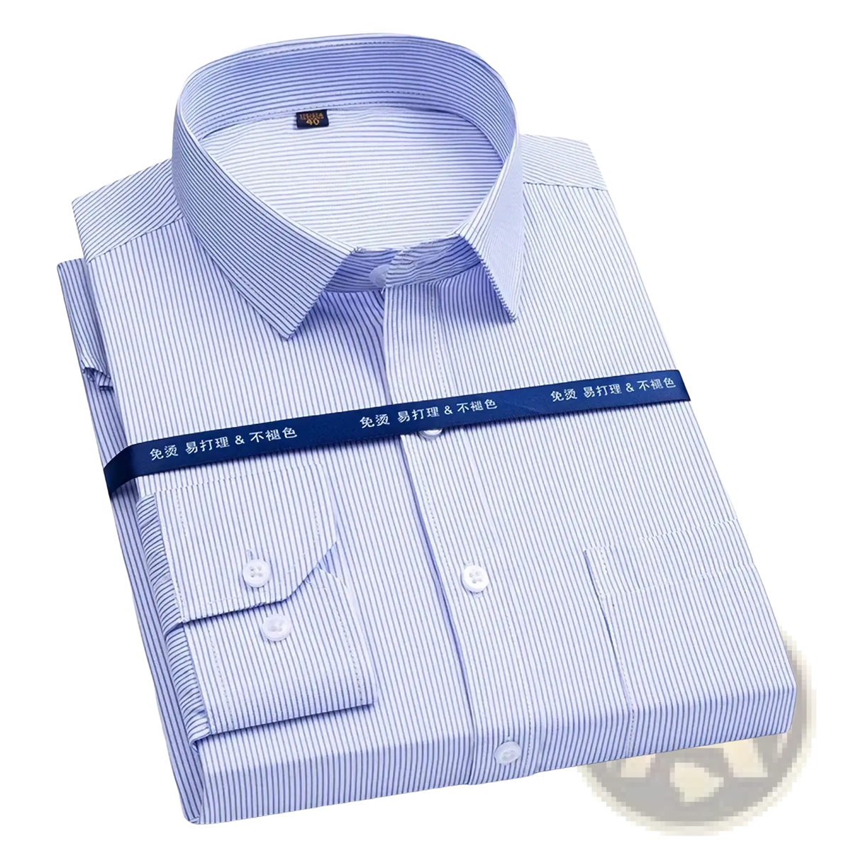 Men long sleeve formal business dress shirt with blue and white vertical stripes, classic collar, and buttoned cuffs neatly folded