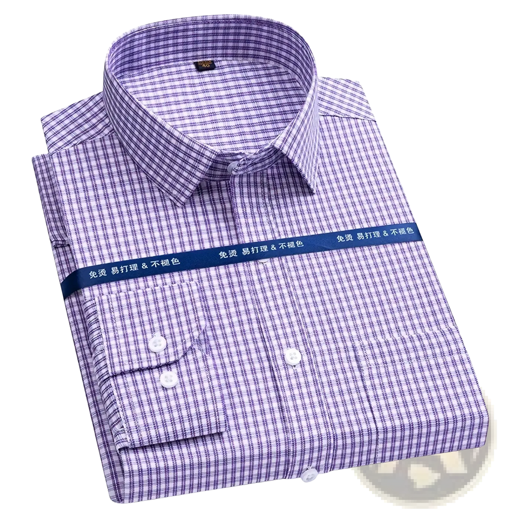 Men long sleeve formal business dress shirt in purple and white checkered pattern with classic collar and two-button cuffs