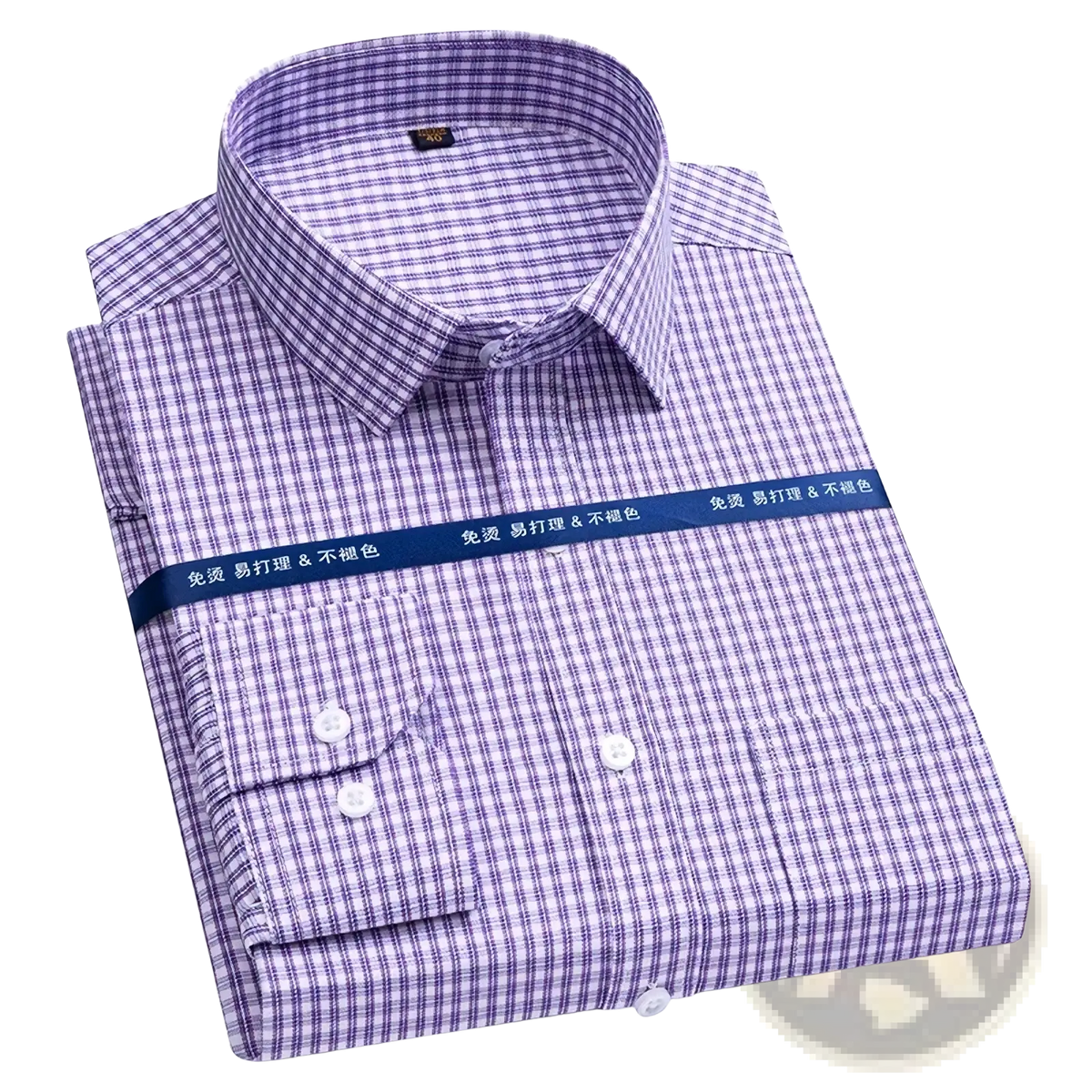 Men long sleeve formal business dress shirt in purple and white checkered pattern with classic collar and two-button cuffs