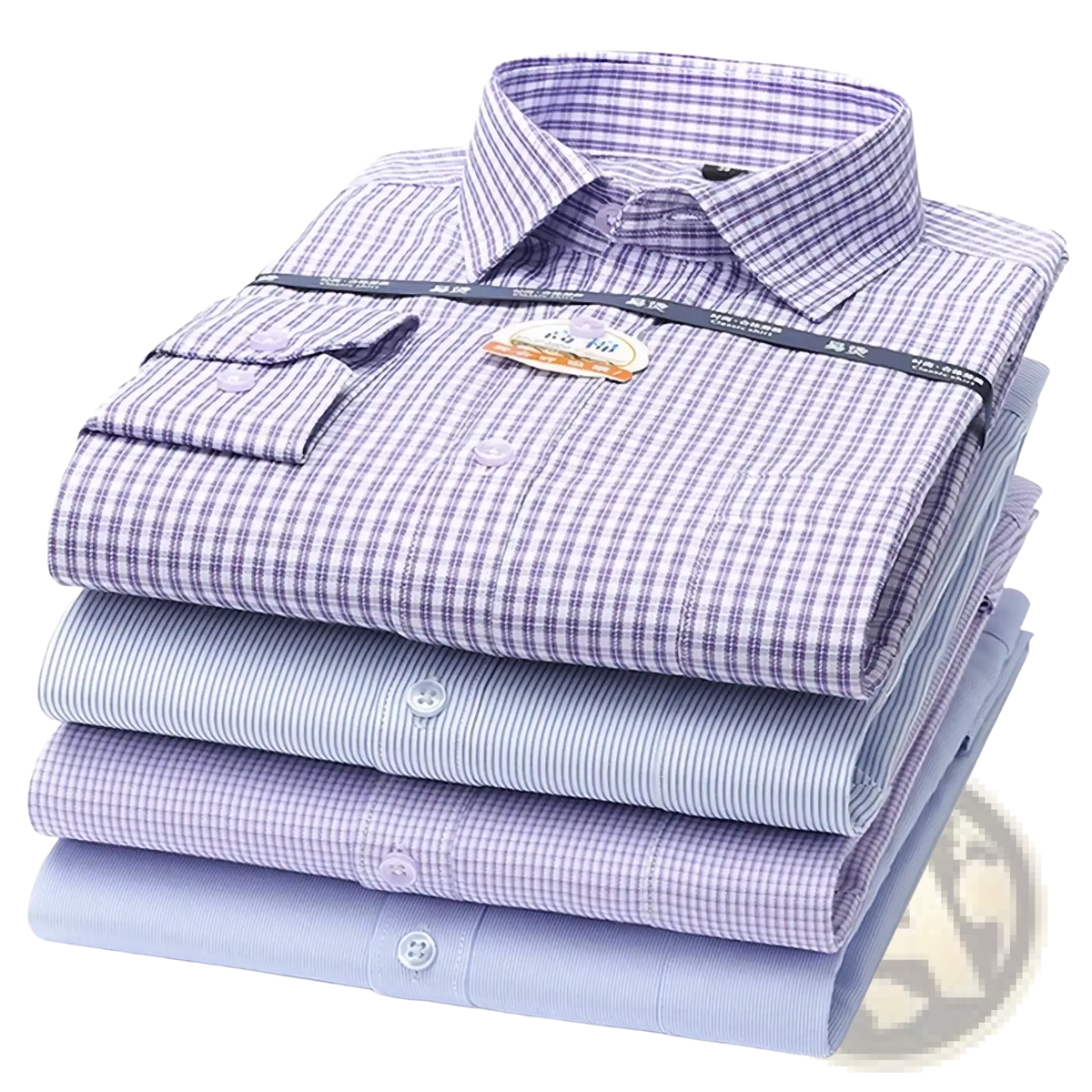 Stack of four men long sleeve formal business dress shirts in purple and blue with subtle plaid and striped patterns